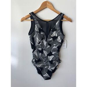 Time and Tru Leaf Print Mesh Inset‎ One Piece Swimsuit Black White S